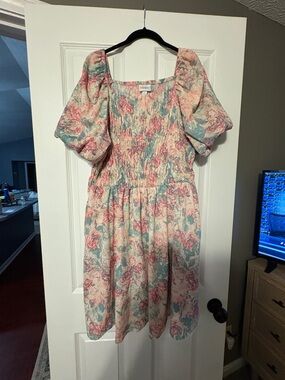 LuLaRoe Alina Puff-Sleeve Mini Dress in Pink and Blue Floral NWT